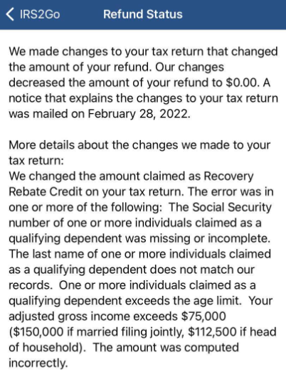 IRS refund adjustment (RRC)