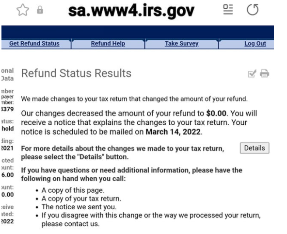 IRS notice with adjustment details