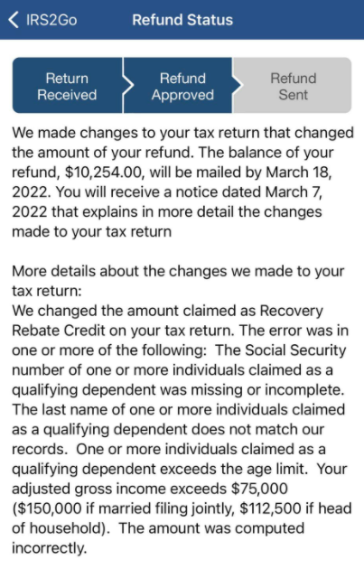 IRS refund adjustment screrenshot