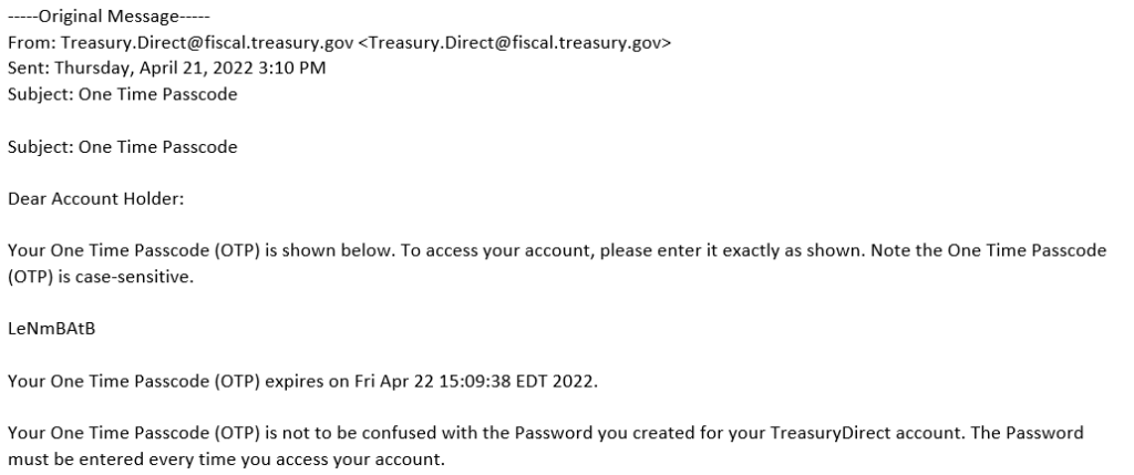 Treasury Direct One Time Password (OTP)